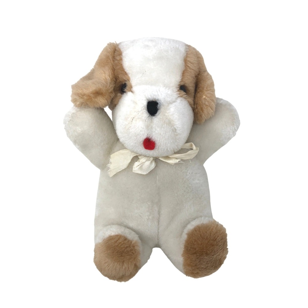Vintage Gund Plush Dog White Brown 9" Puppy Bow Jingle Chime Lovey 1977